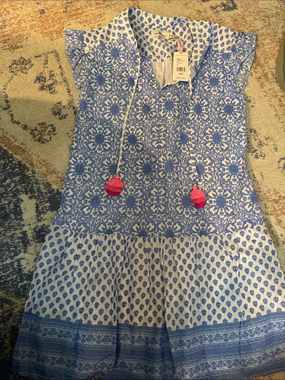 Vineyard Vines Blue and White Printed Tassel Dress